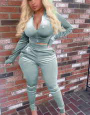 Sexy Velour Jogger Set (Bluish-Silver)